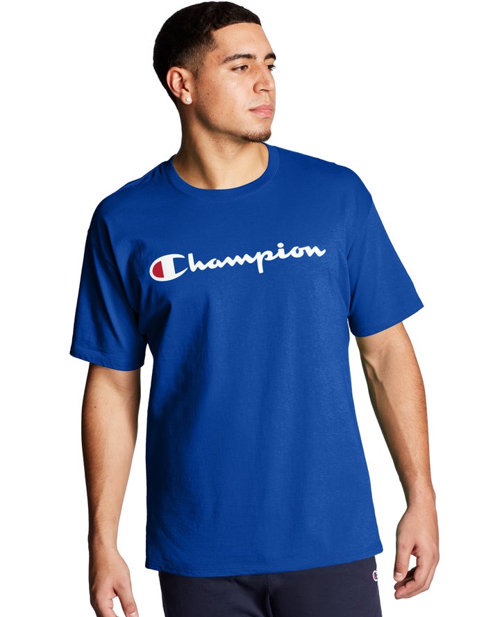 Champion Mens T-Shirt NZ - Classic Jersey Script Logo Blue ( 5186-XPYGN )